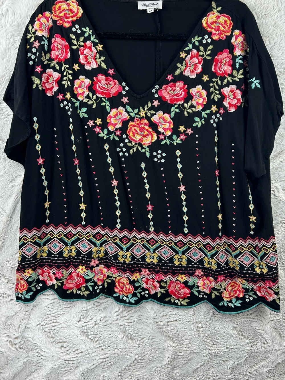 Floral Embroidered Black V-Neck Tunic by Angel Ranch